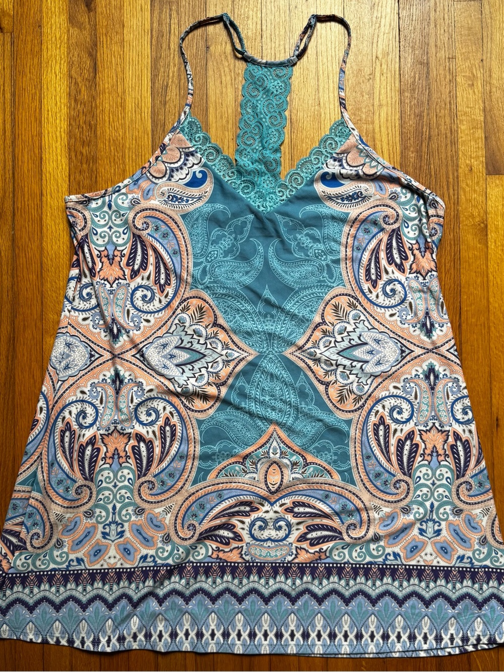 Linea Donatella Teal and Peach Paisley Lace-Back Nightie NWT
